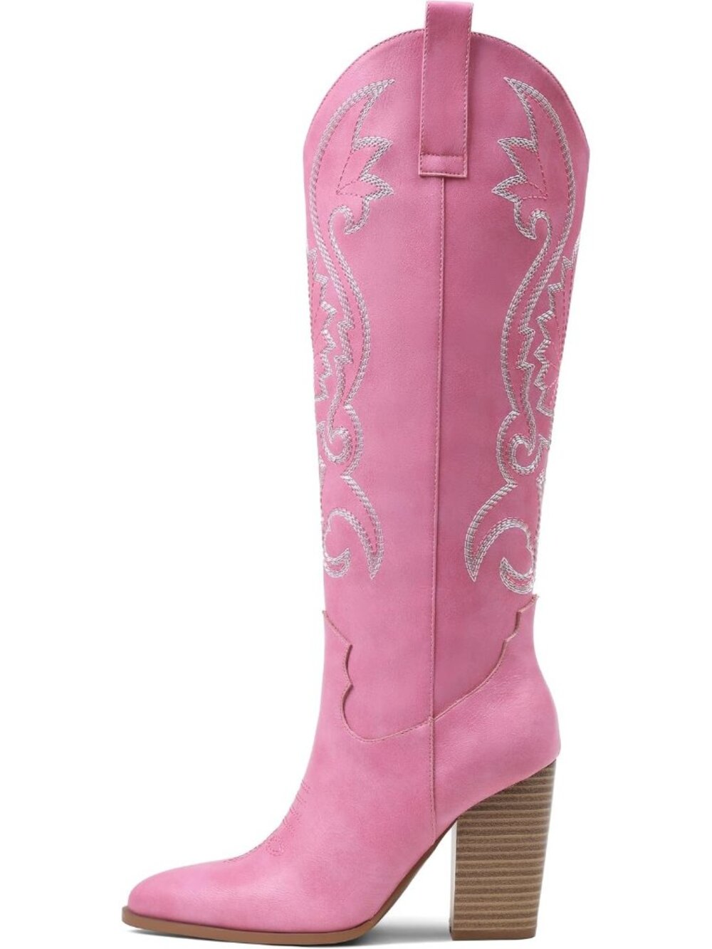 Women' Pink Leather Pull-on Pointed Toe Western Cowgirl Cowboy Knee High Boots